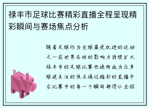 禄丰市足球比赛精彩直播全程呈现精彩瞬间与赛场焦点分析